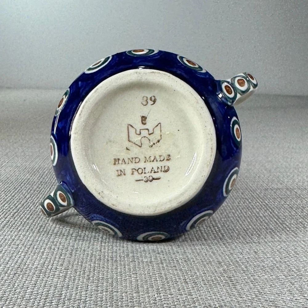 Polish Pottery Peacock Double Handle Sugar Bowl with Lid